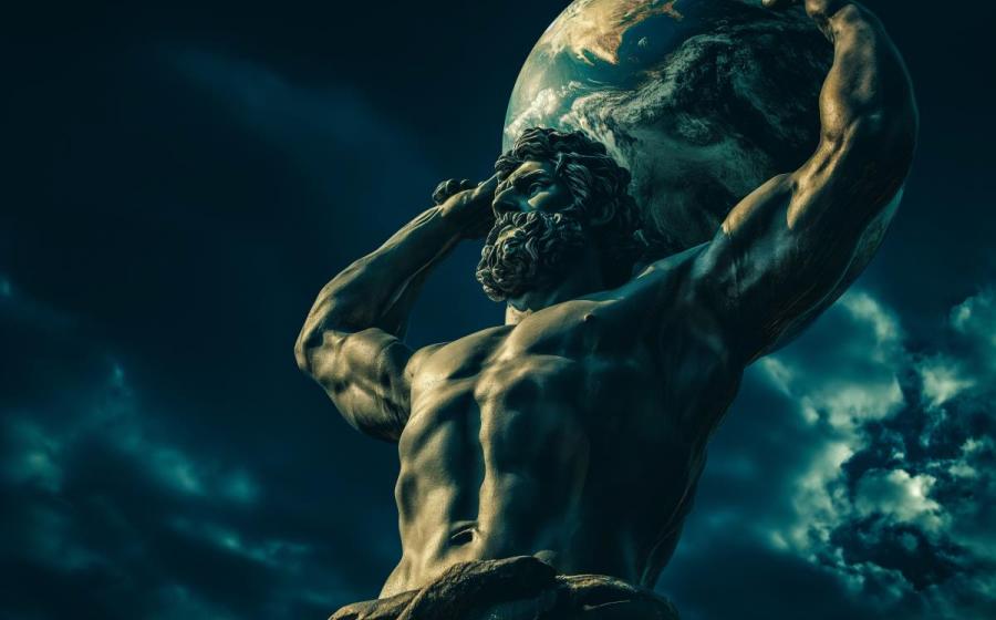 Ai generated image of a Titan or giant hurling a boulder.